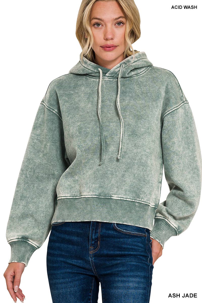 ...._ SI-25094 Acid Wash Fleece Cropped Hoodie