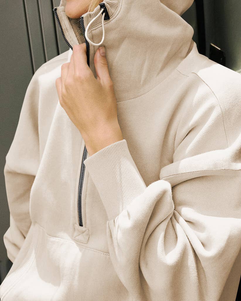Ladies Long Sleeves Zip Collar Pocket Hoodie EWQD