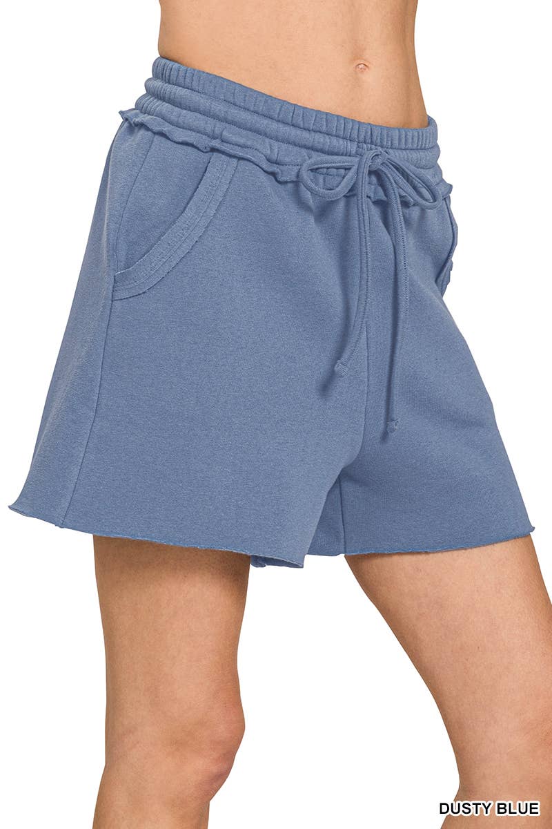 `.Fleece Raw Hem Shorts With Drawstring & Pockets