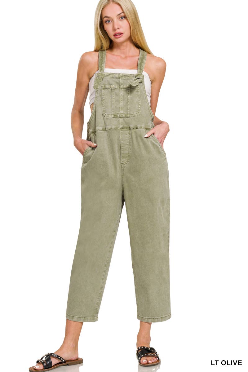 ',._ Washed Knot Strap Relaxed Fit Denim Overalls