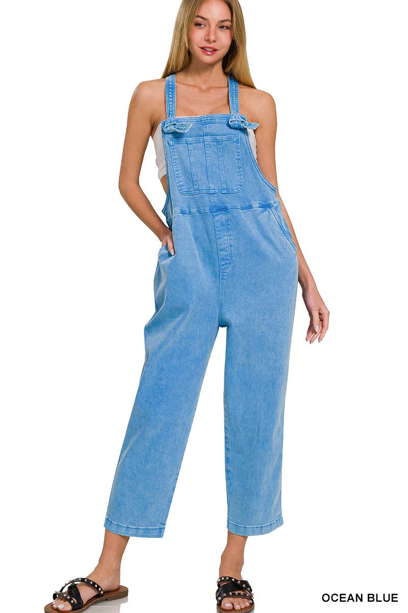 ',._ Washed Knot Strap Relaxed Fit Denim Overalls