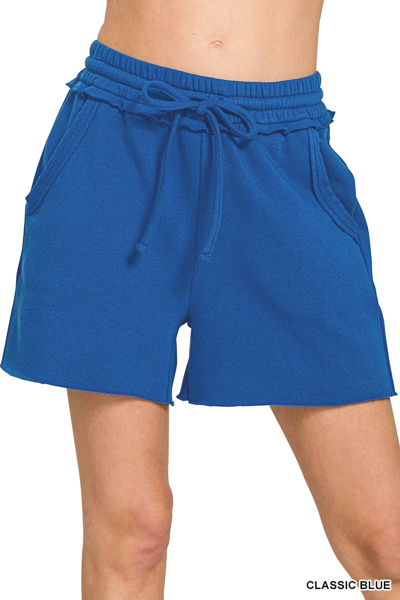 `.Fleece Raw Hem Shorts With Drawstring & Pockets