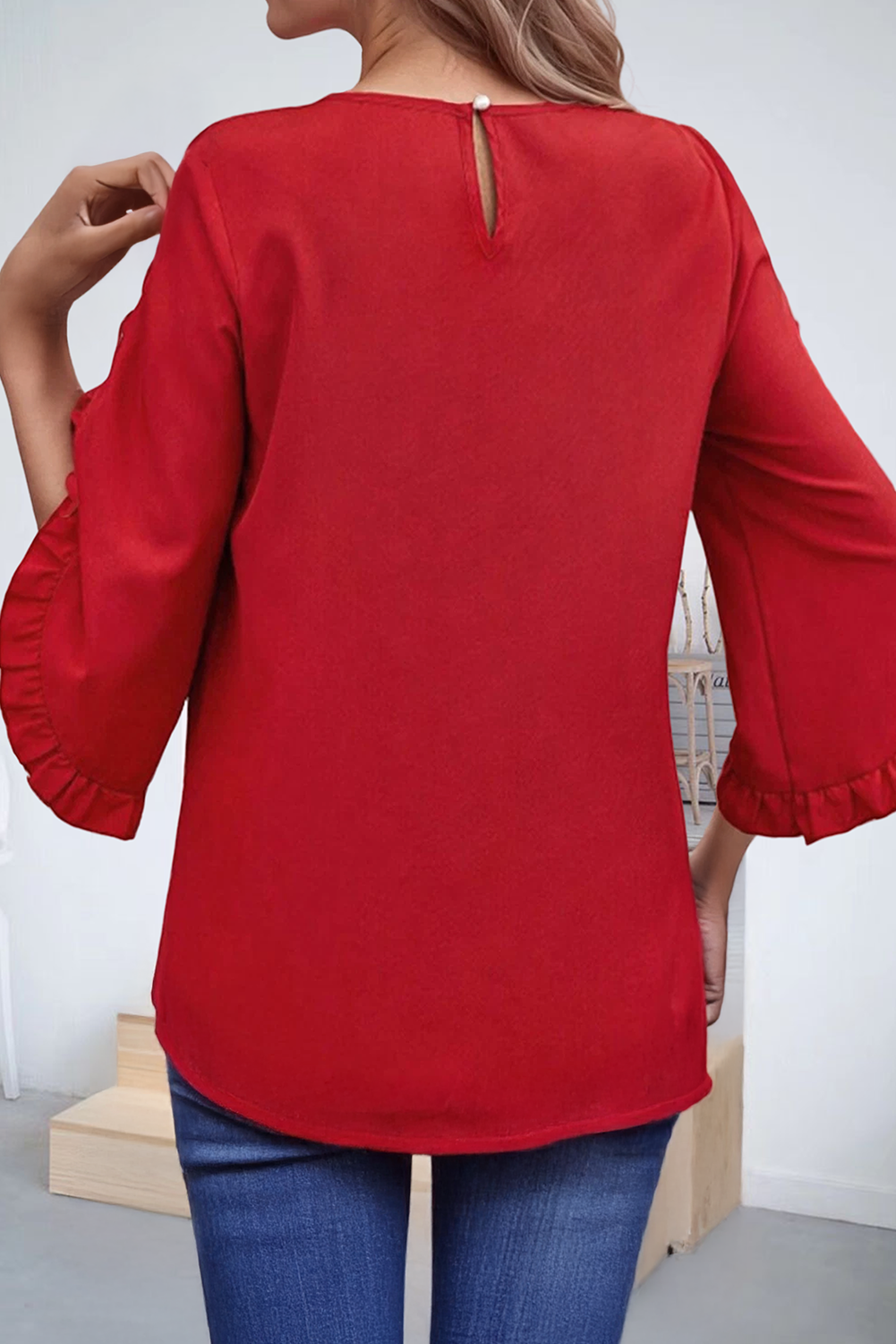 Frill Trim Plain Tulip Sleeve Blouse