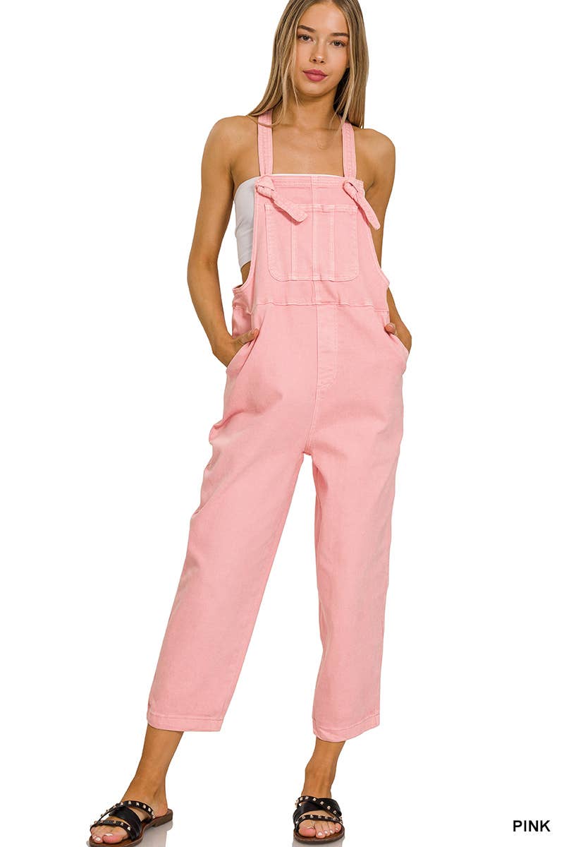 ',._ Washed Knot Strap Relaxed Fit Denim Overalls