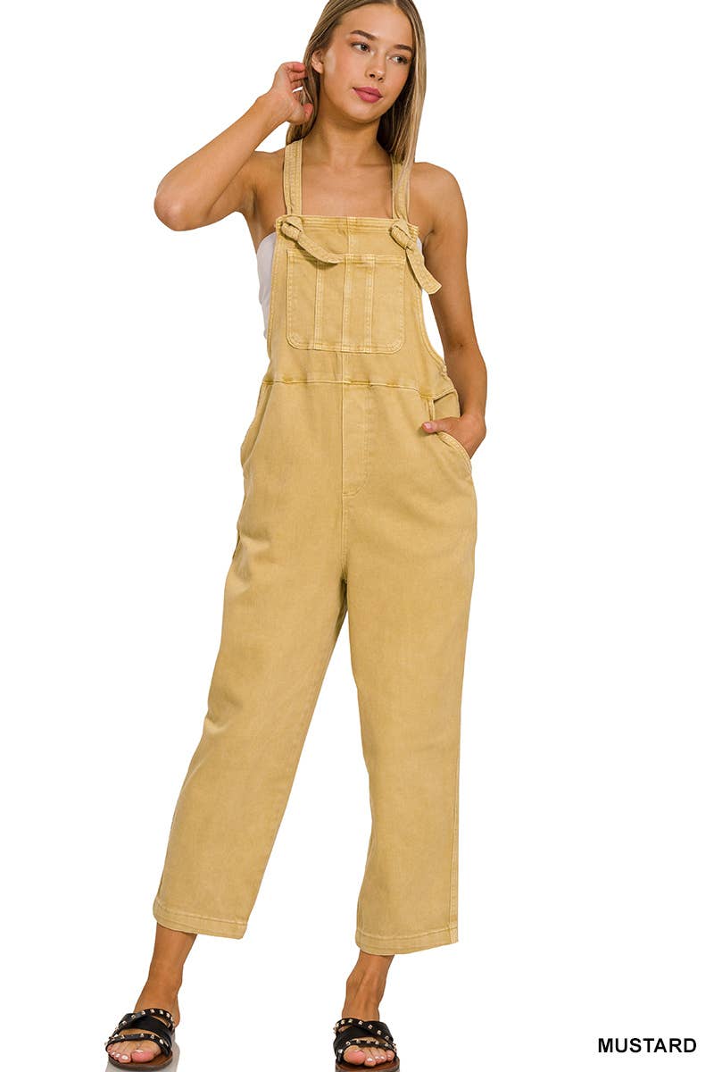 ',._ Washed Knot Strap Relaxed Fit Denim Overalls