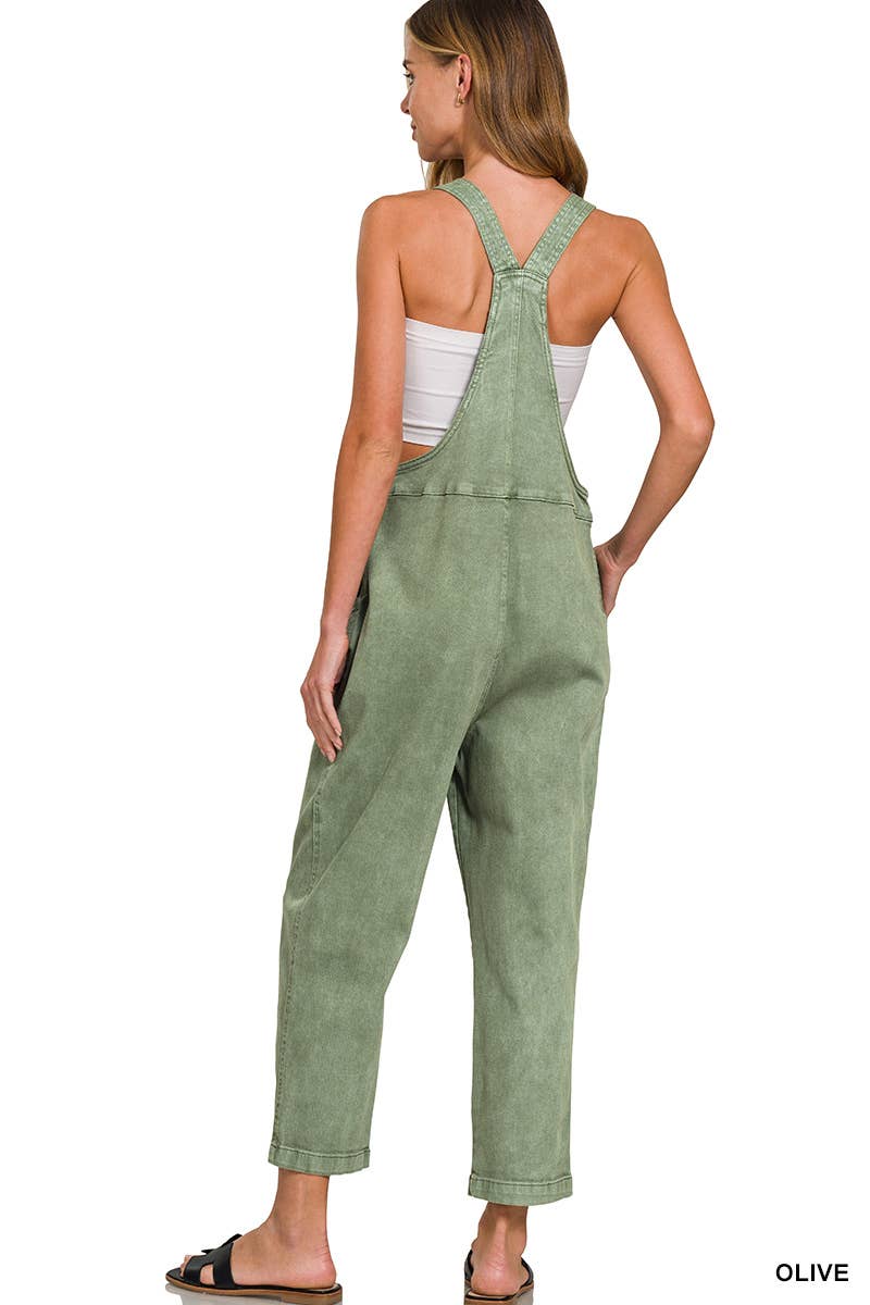 ',._ Washed Knot Strap Relaxed Fit Denim Overalls