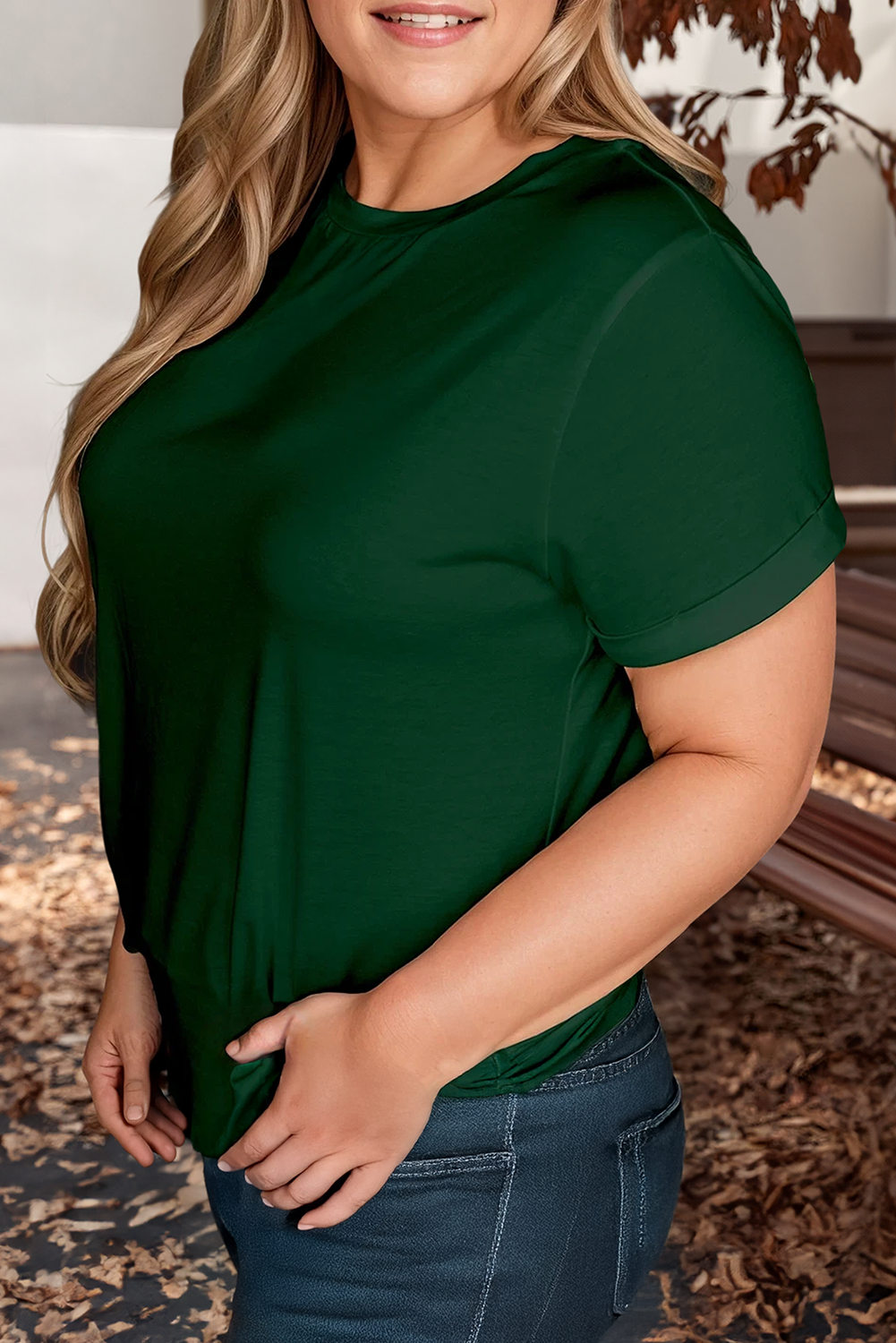 Round Neck Rolled Sleeve Plus Size T-shirt