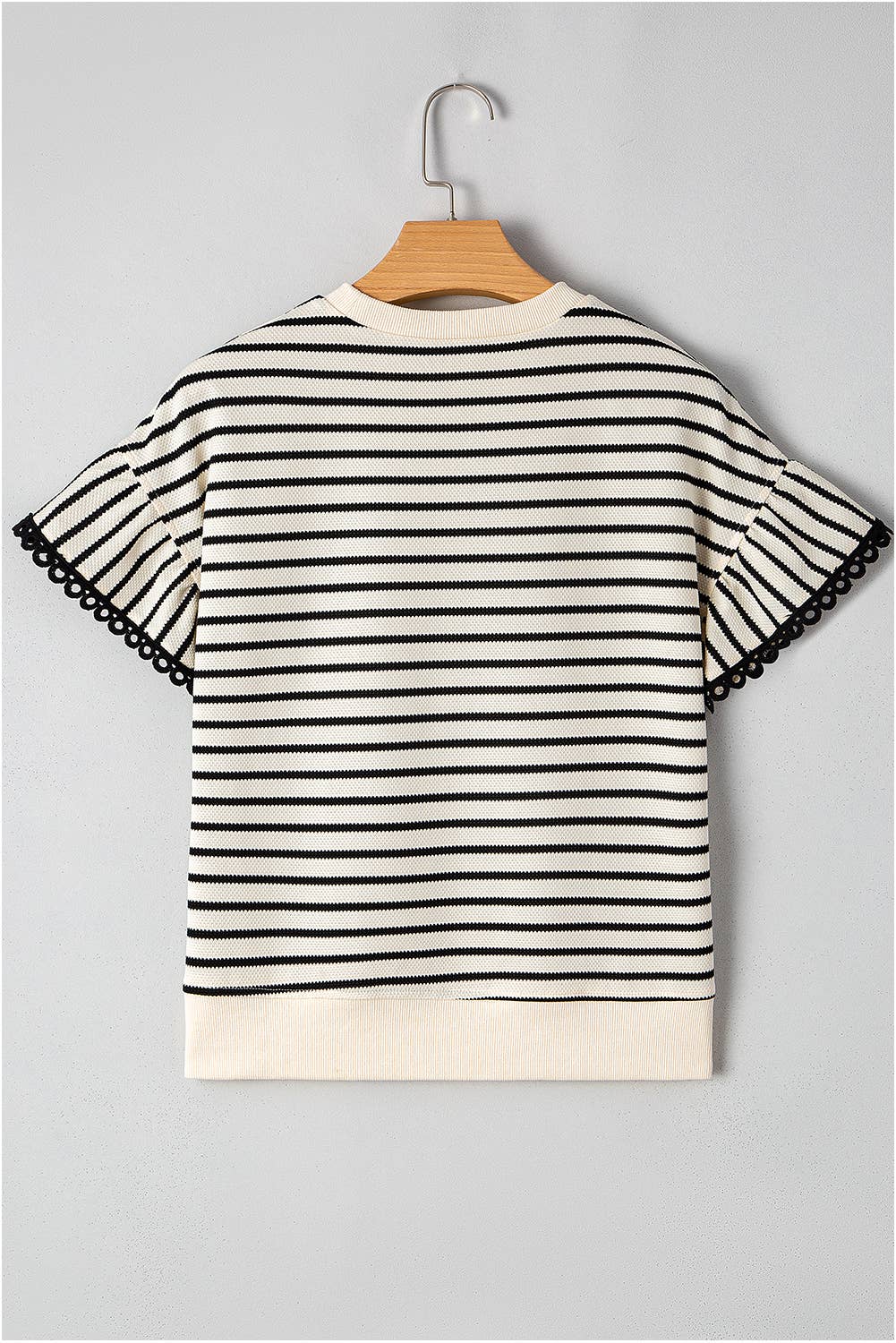 Striped Scallop Lace Trim Ruffle Sleeve Crewneck Top