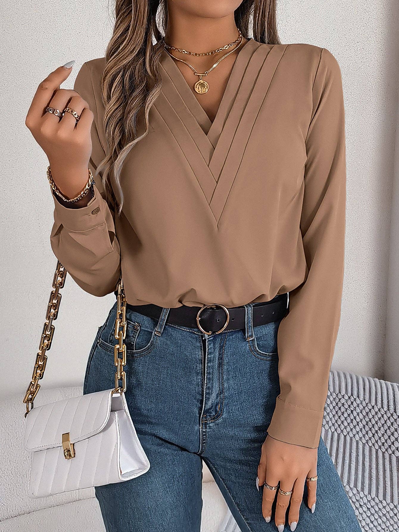 Solid Color Stacked V-neck Long-sleeved Elegant Shirt