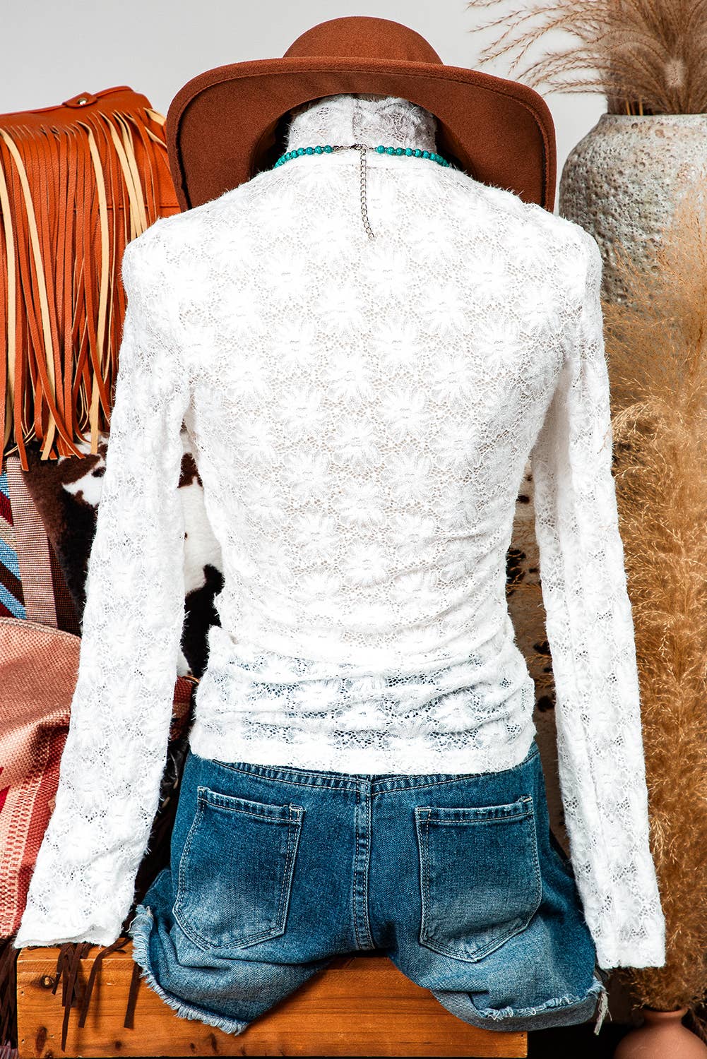 Fashion-W Floral Lace High Neck Long Sleeve Top