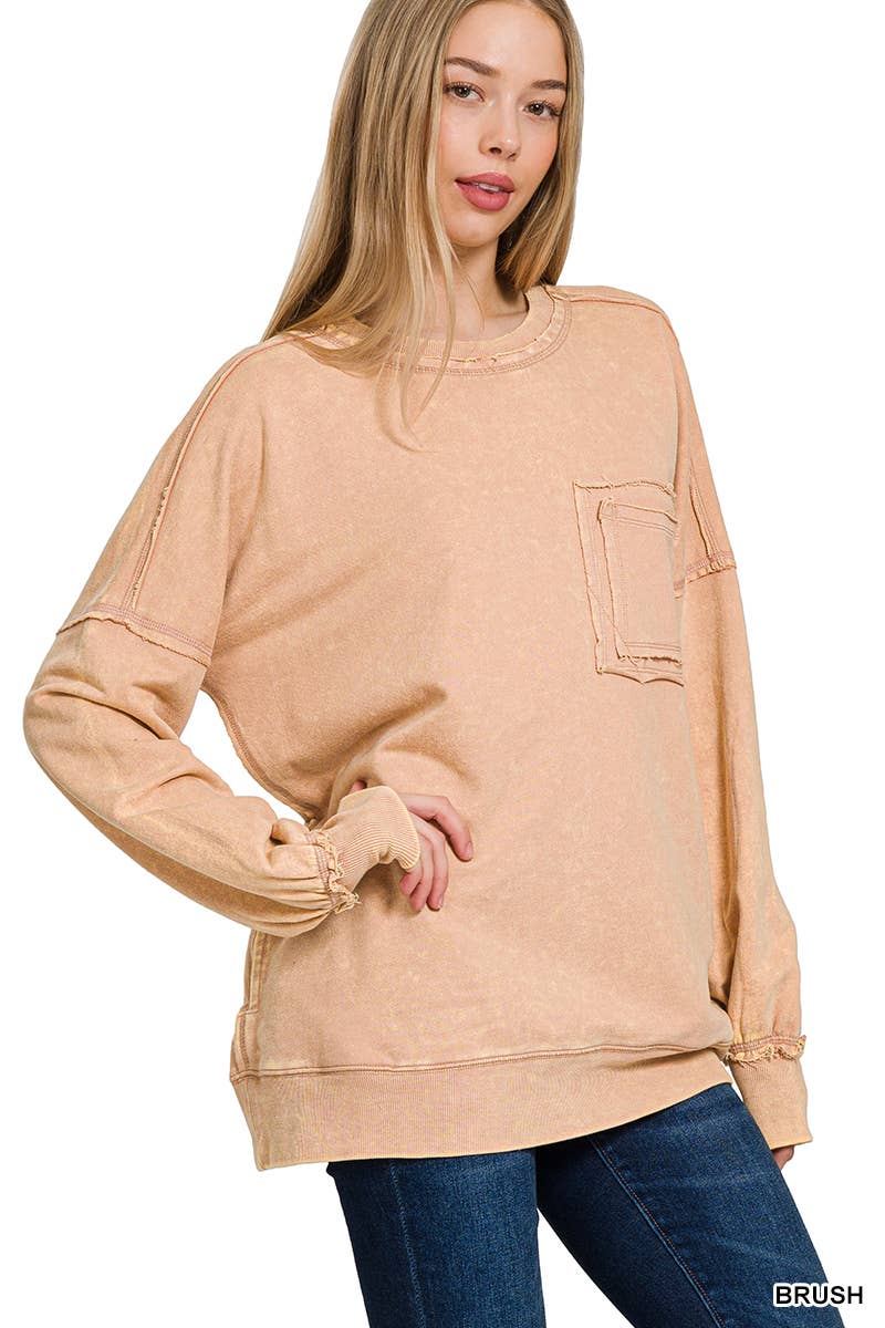 French terry washed pullover w/ side pocket