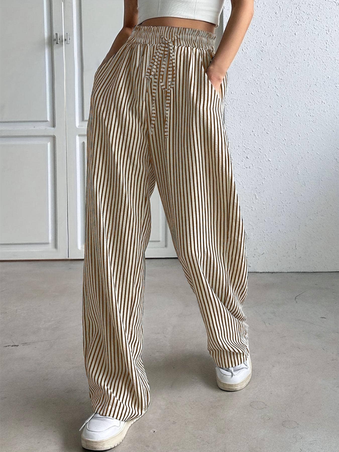 Striped slacks straight leg pants
