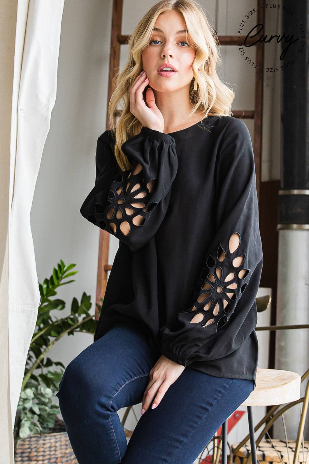 64599W_CURVY-Soft Woven Top W/ Embroidery Detailed Sleeve