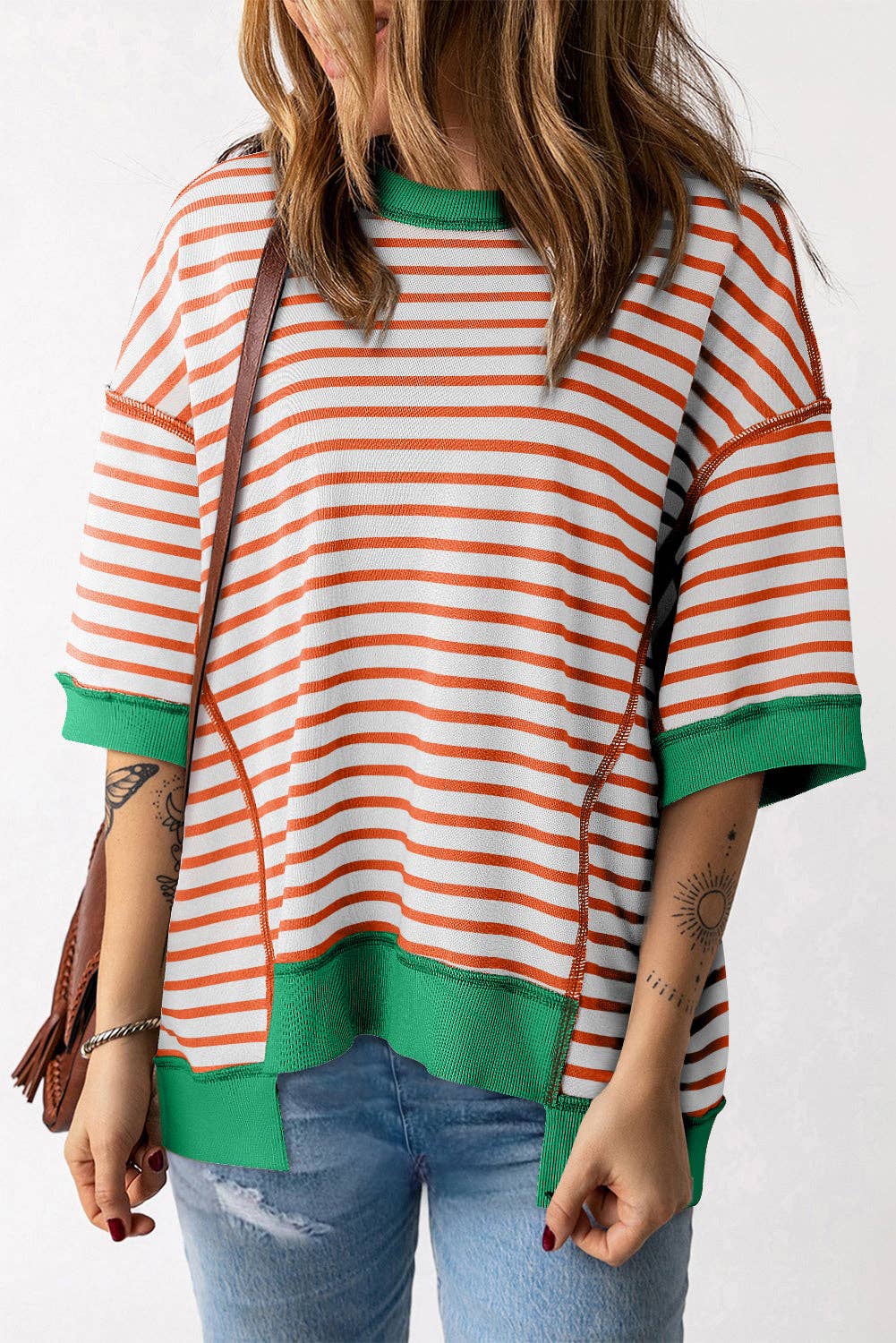 Stripe Contrast Trim Reserve Seam T-Shirt