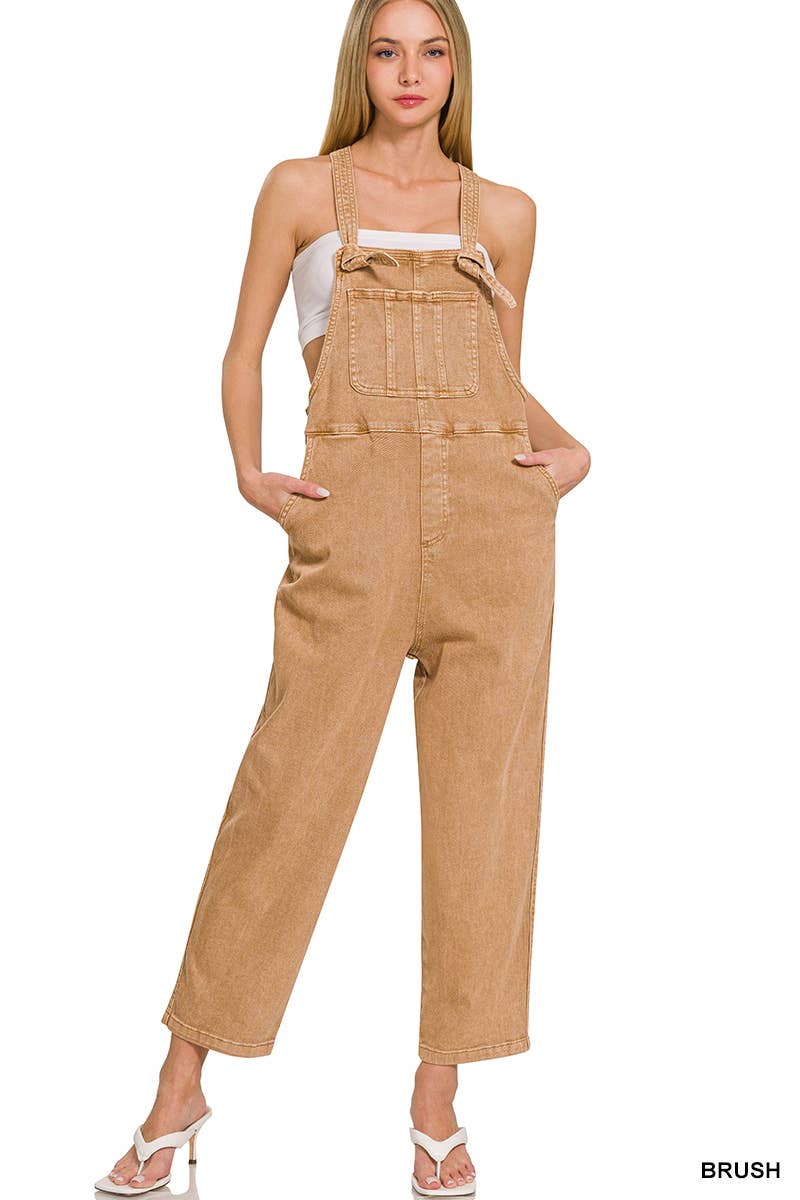 ',._ Washed Knot Strap Relaxed Fit Denim Overalls