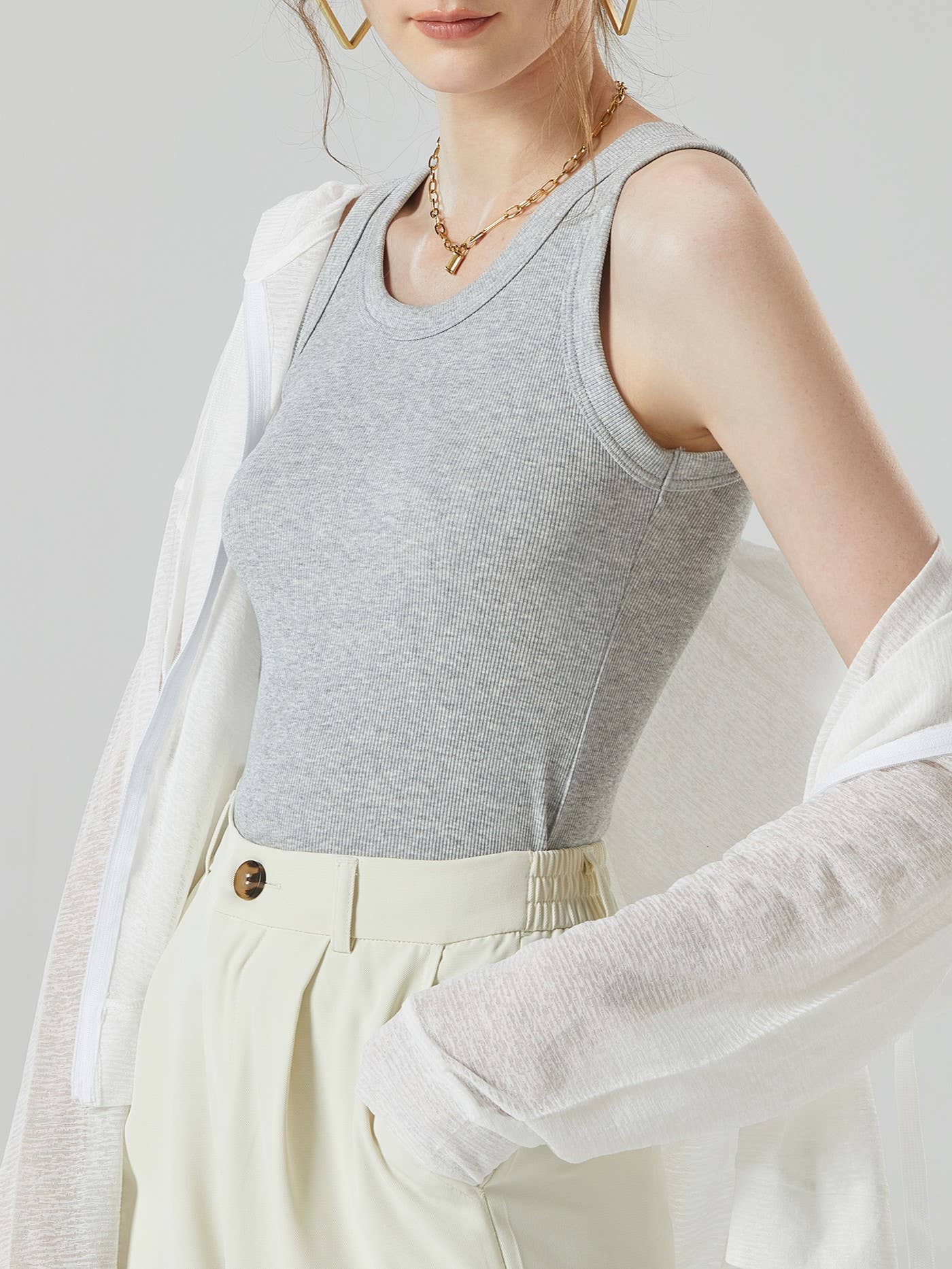 Base cotton round neck rib knit basic white tank top