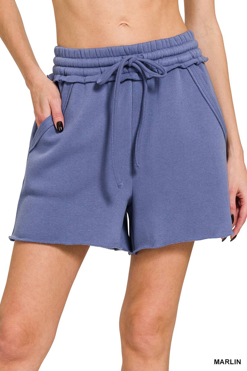 `.Fleece Raw Hem Shorts With Drawstring & Pockets