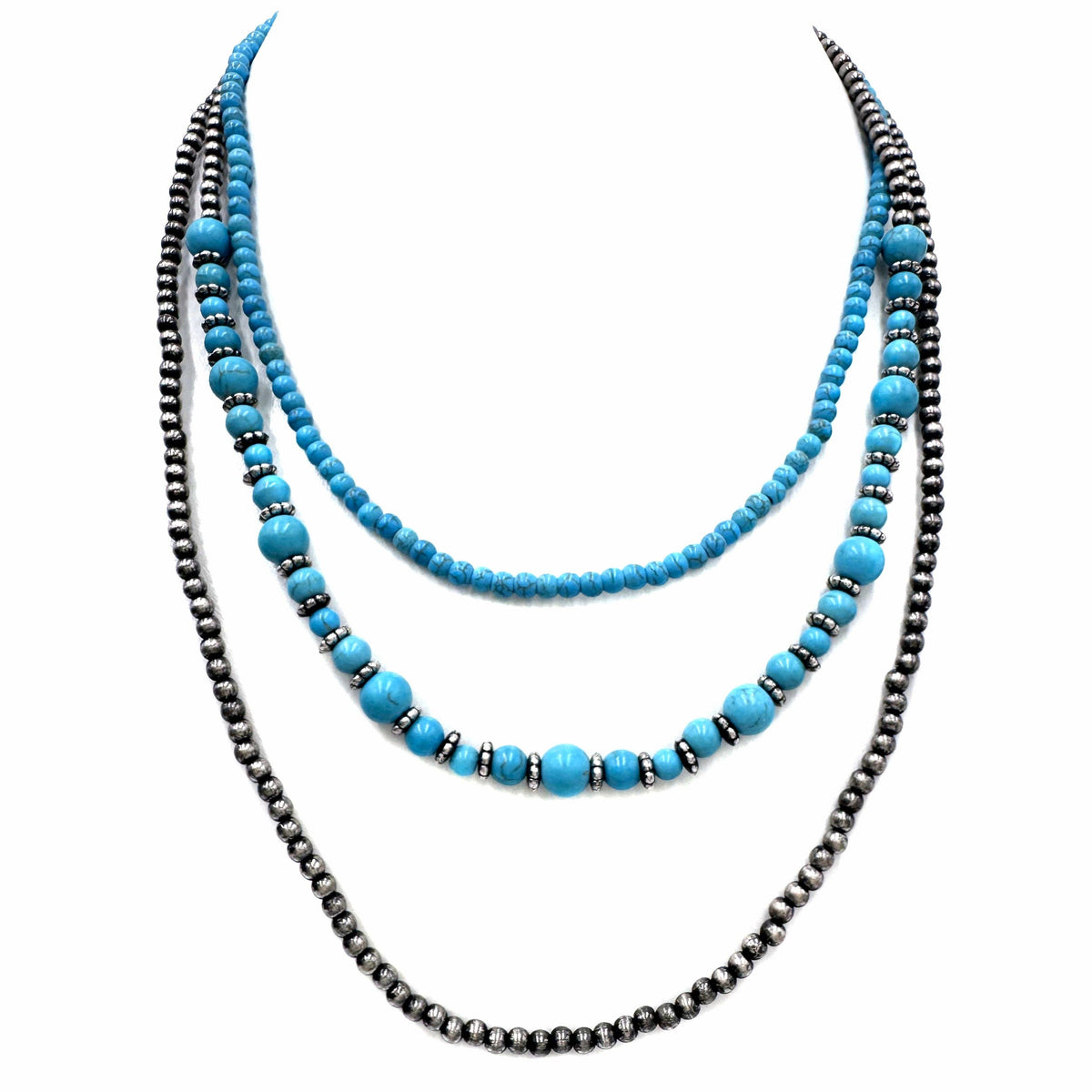Three Strand Pearl Turquoise Stone Beads Western Necklace