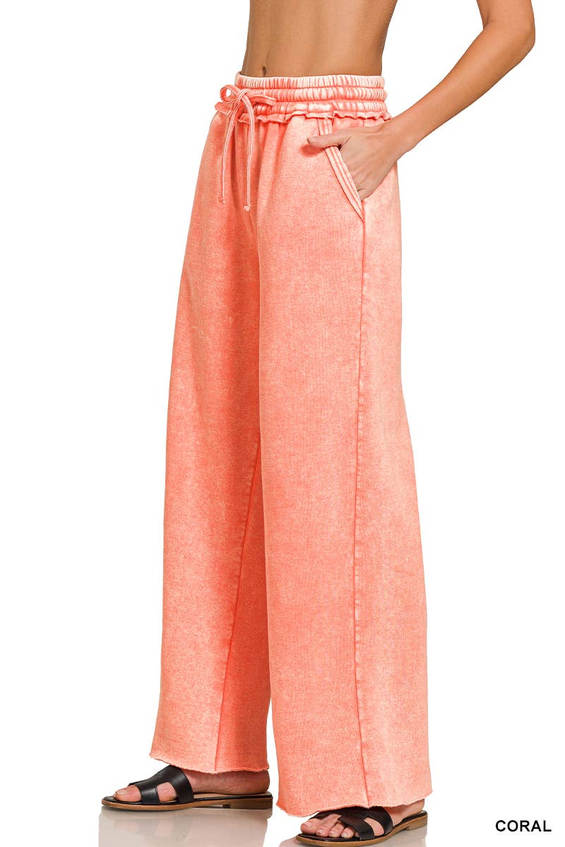 Acid Wash Fleece Palazzo Sweatpants With Pockets