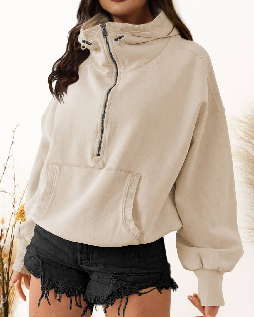 Ladies Long Sleeves Zip Collar Pocket Hoodie EWQD