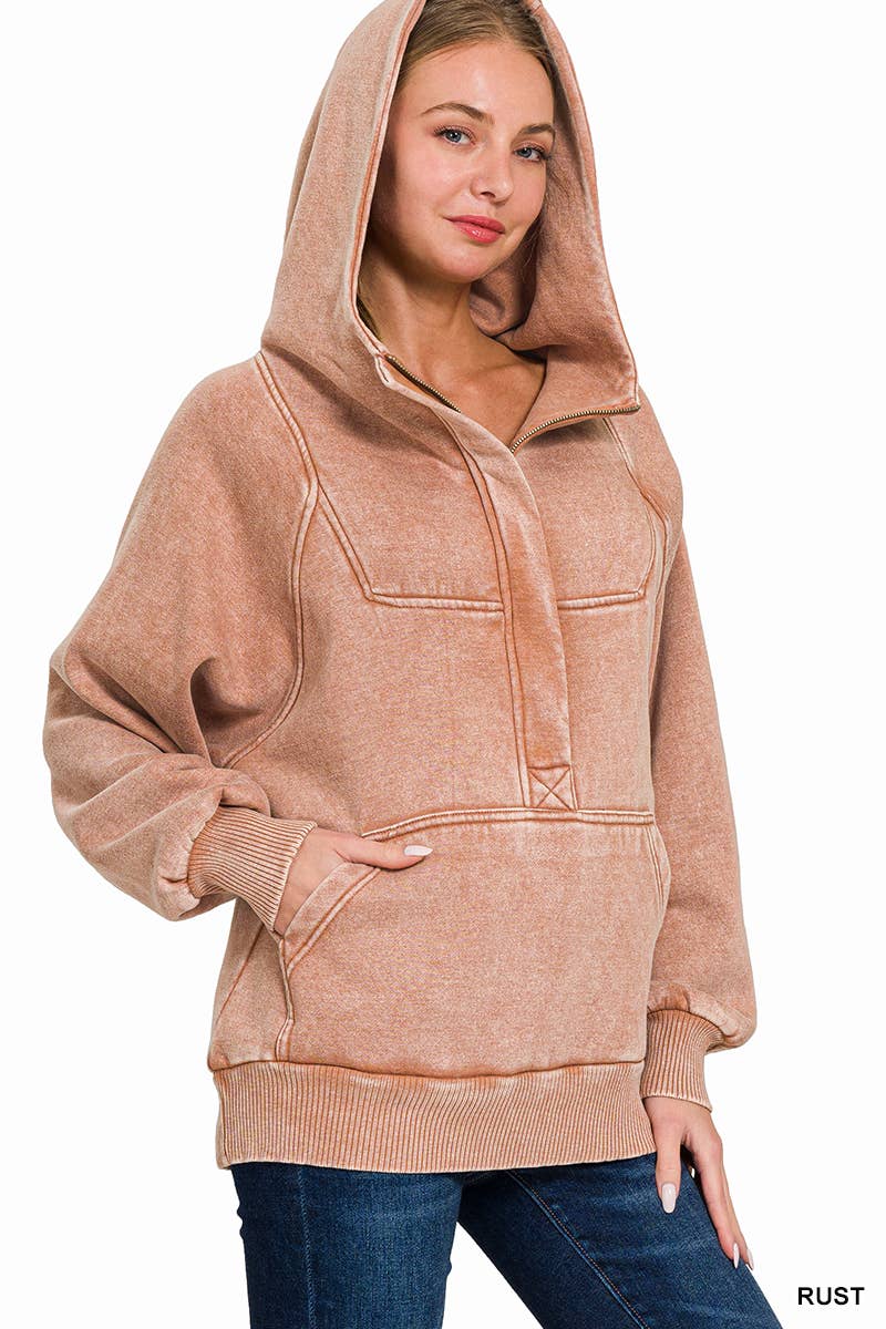 .SI-25317 Washed Fleece Oversized 1/4 Zip Hoodie