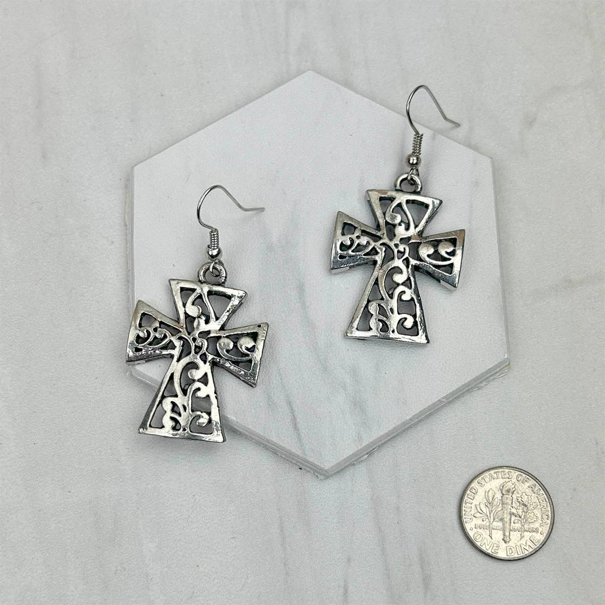 Silver Metal Cross Dangle Earrings