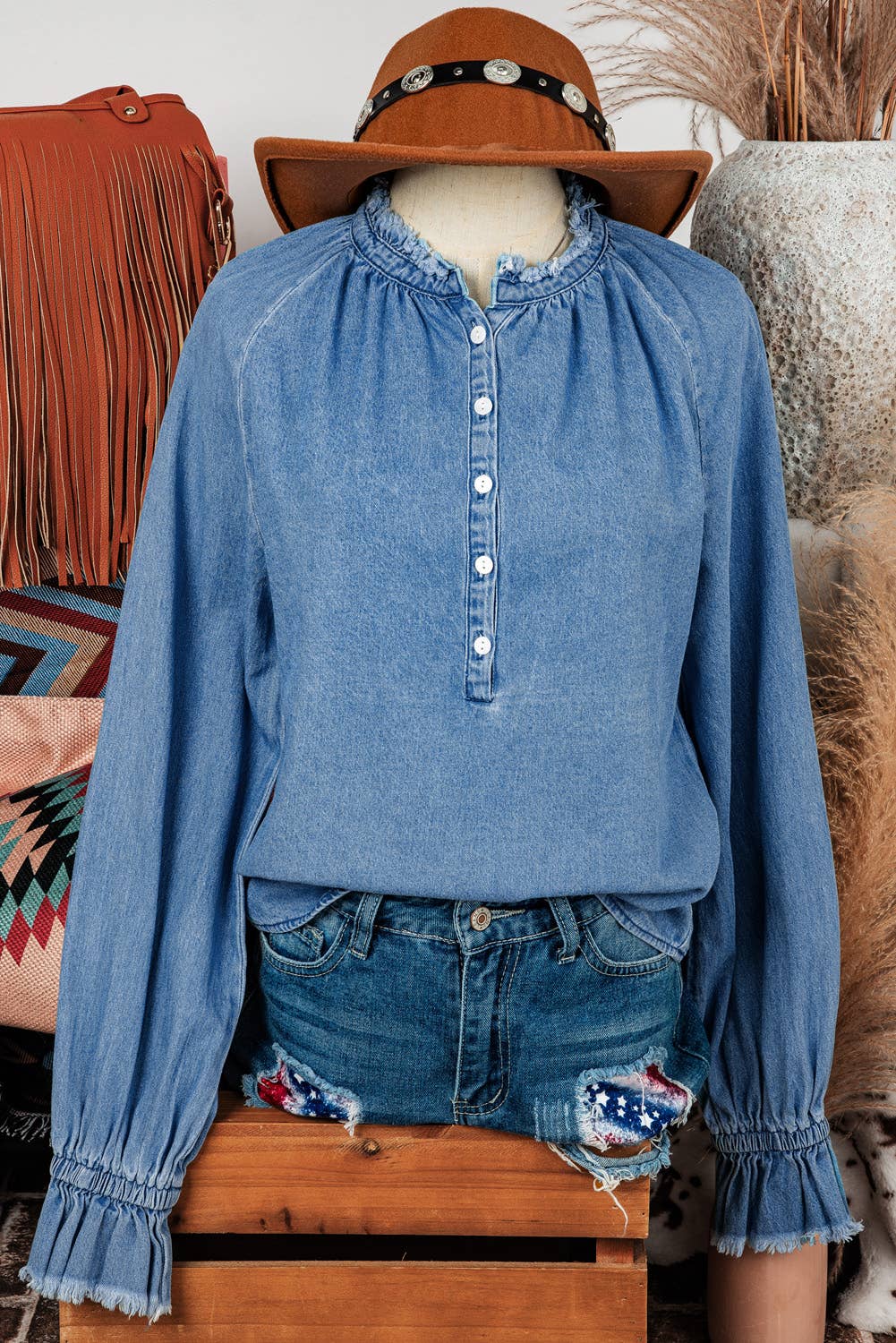 Western Fall Frill Raw Hem Half Buttoned Denim Top Blouse