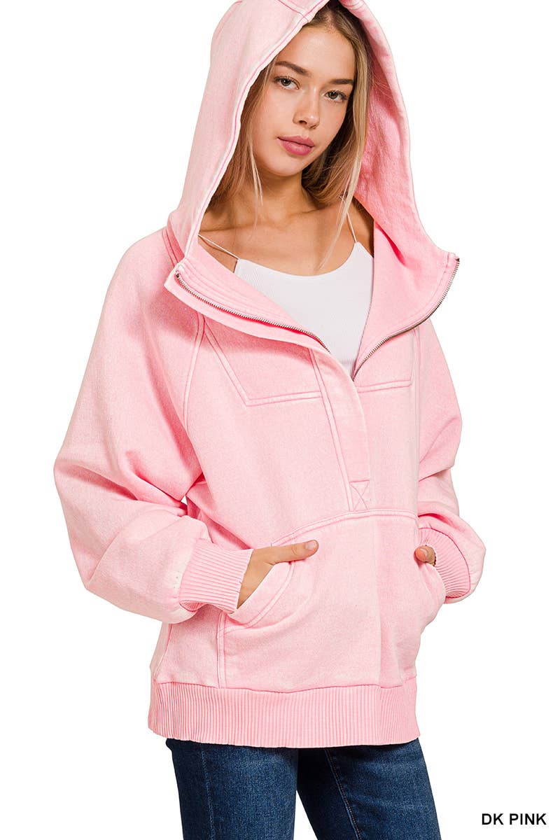 .SI-25317 Washed Fleece Oversized 1/4 Zip Hoodie