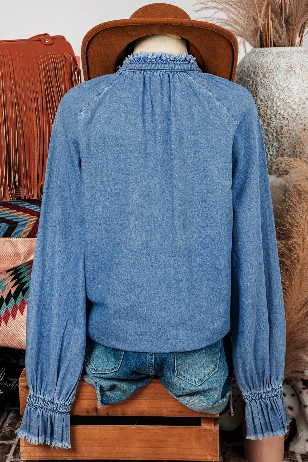 Western Fall Frill Raw Hem Half Buttoned Denim Top Blouse