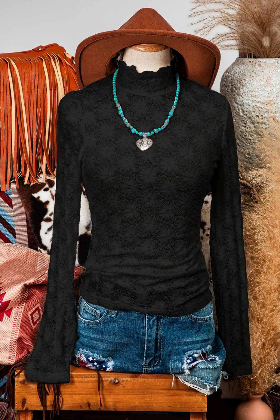 Fashion-W Floral Lace High Neck Long Sleeve Top