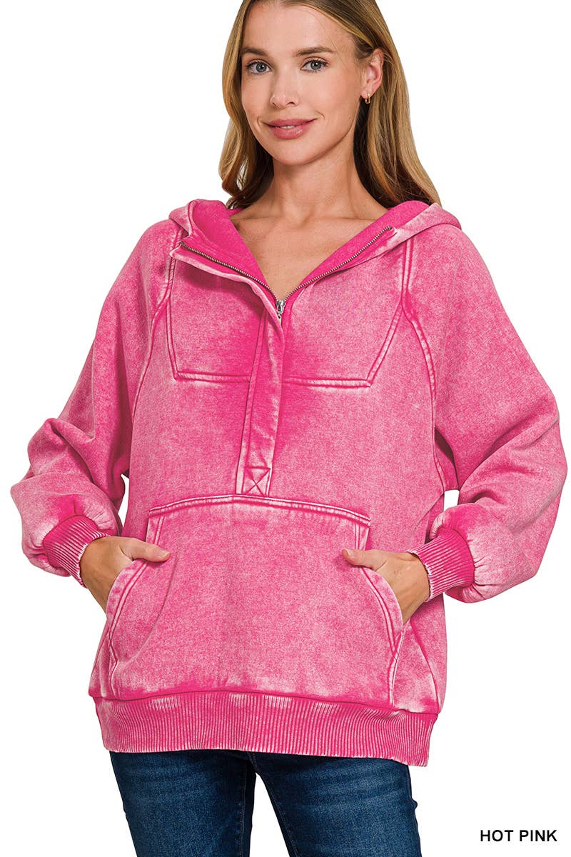 .SI-25317 Washed Fleece Oversized 1/4 Zip Hoodie
