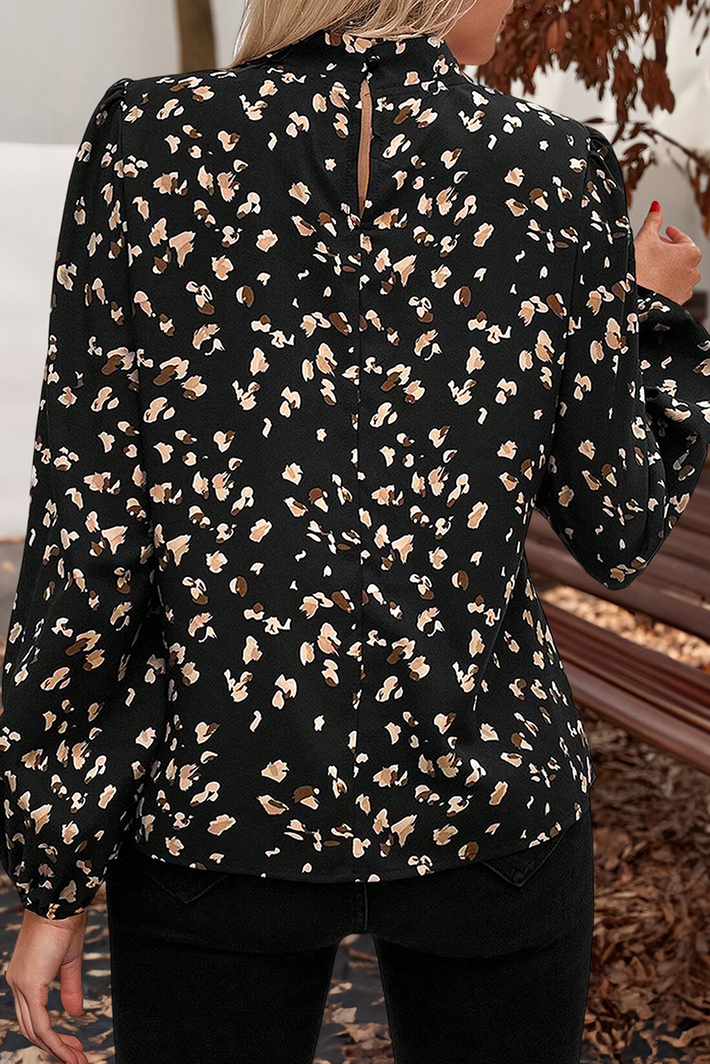 Leopard Print Lantern Sleeve Mock Neck Pleated Blouse
