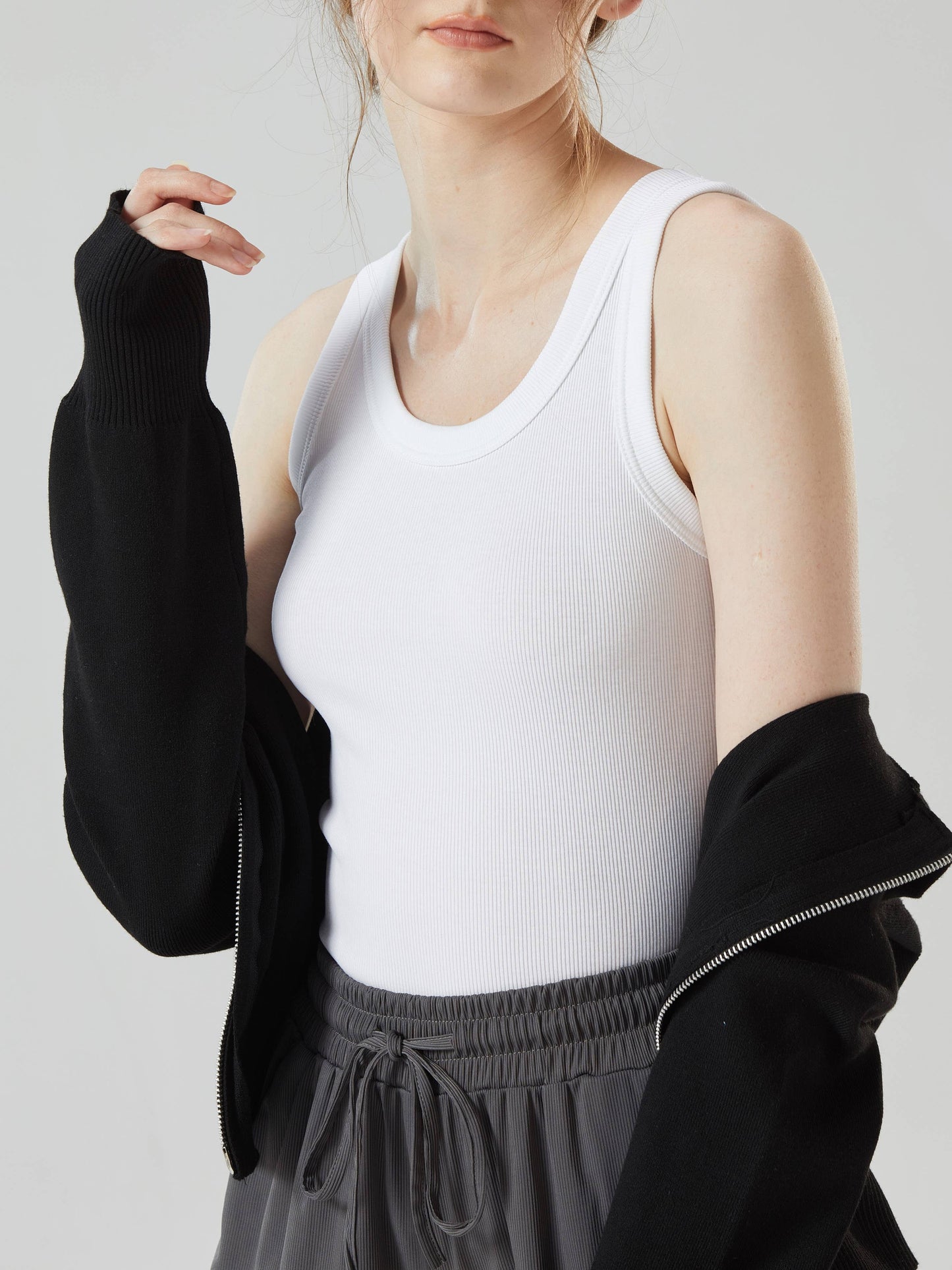 Base cotton round neck rib knit basic white tank top