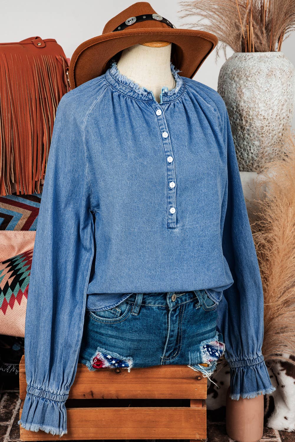 Western Fall Frill Raw Hem Half Buttoned Denim Top Blouse