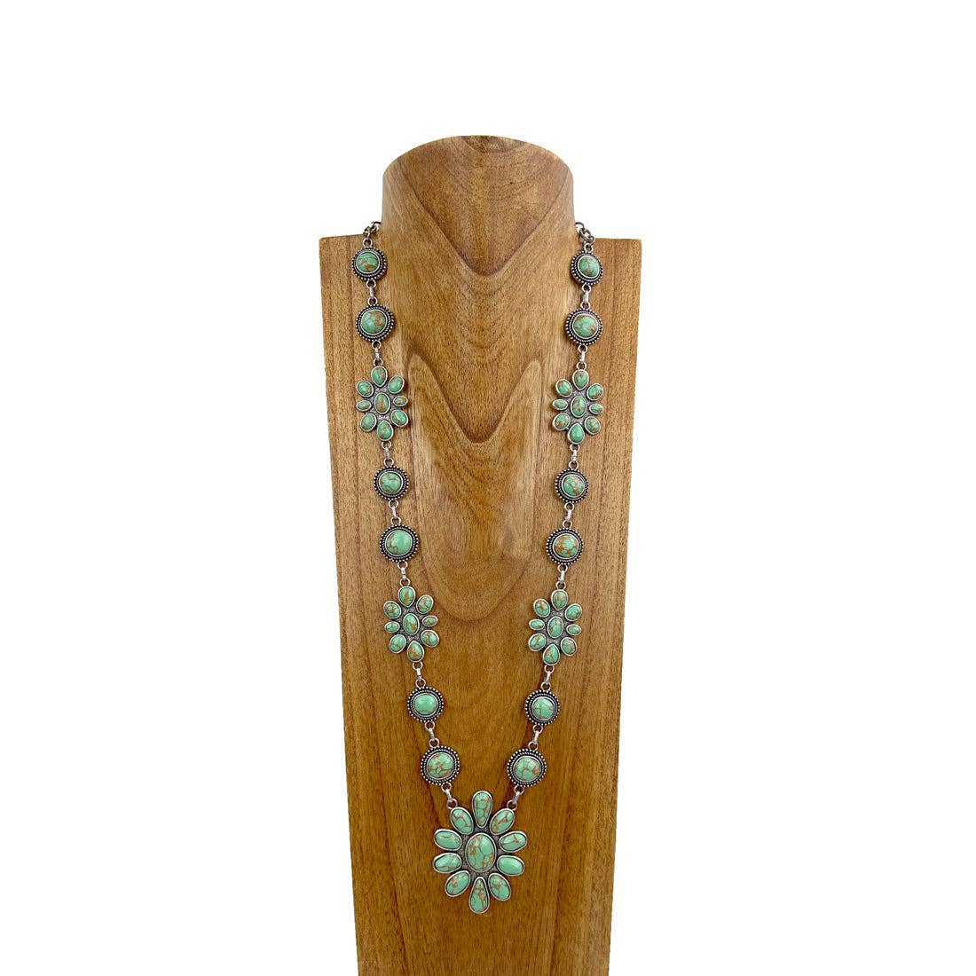 NKY230430-02-GREEN 29 inches silver with green stone concho link chain Necklace