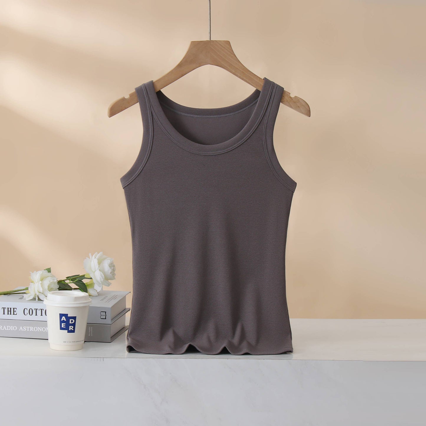 Base cotton round neck rib knit basic white tank top