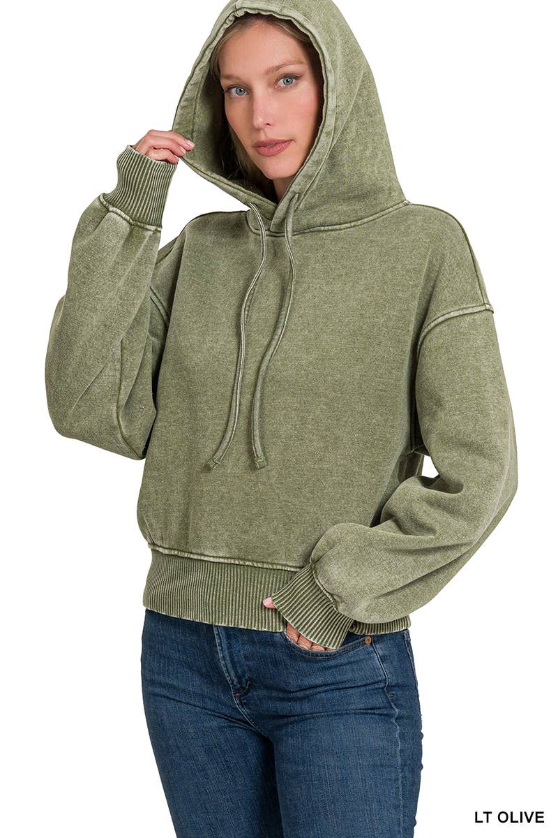 ...._ SI-25094 Acid Wash Fleece Cropped Hoodie