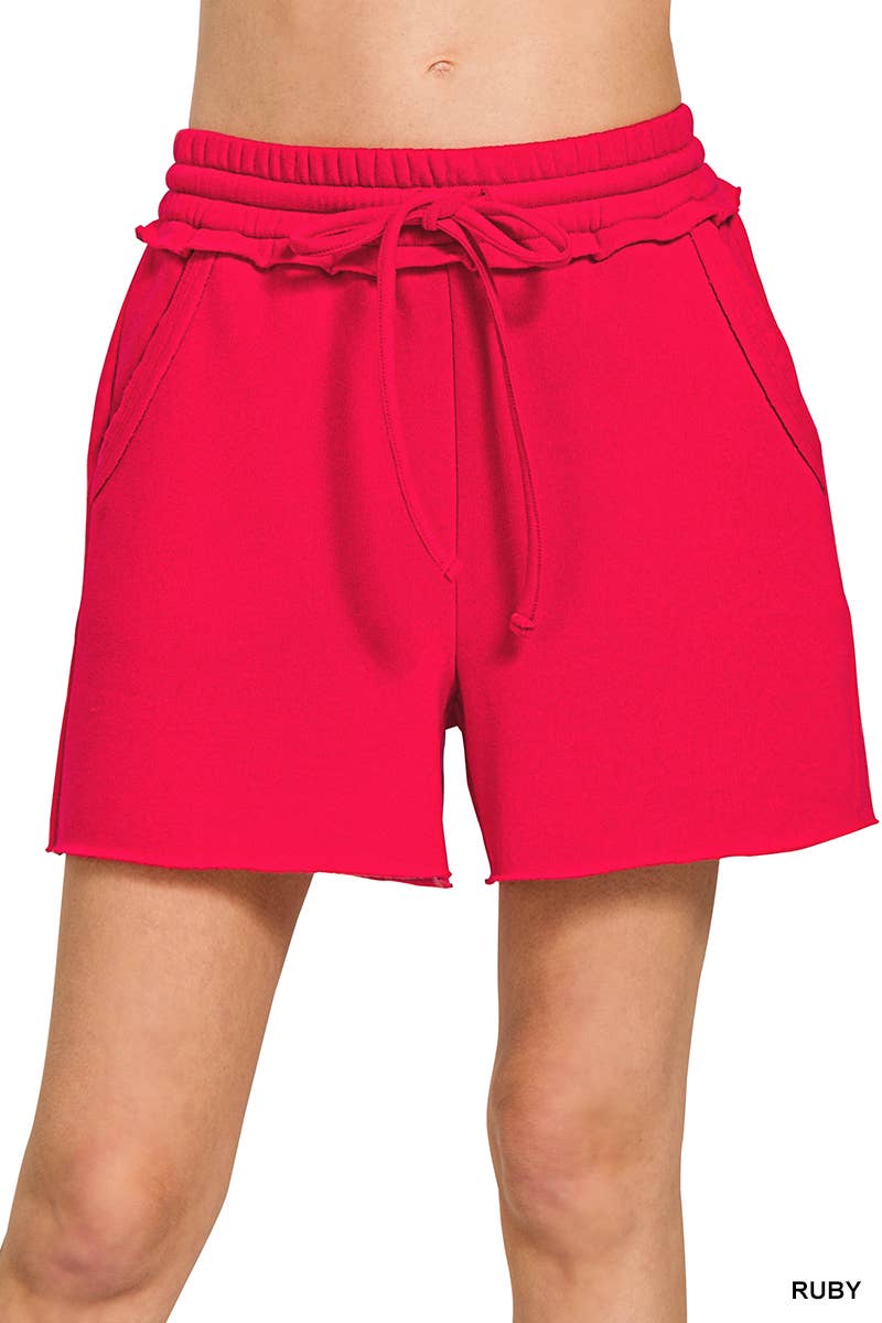 `.Fleece Raw Hem Shorts With Drawstring & Pockets