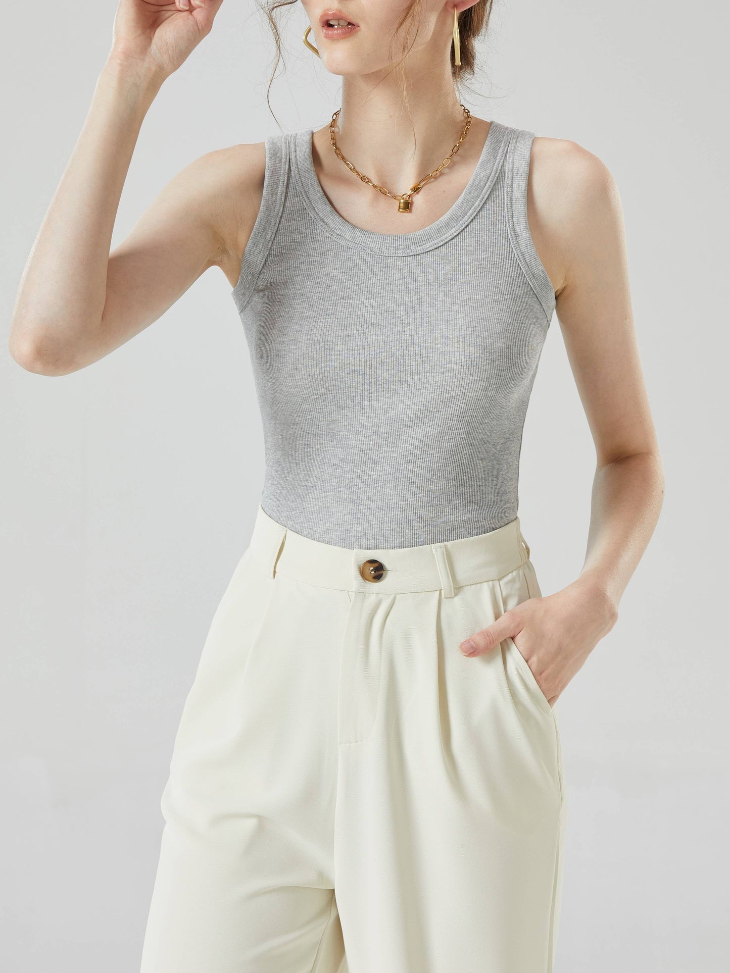 Base cotton round neck rib knit basic white tank top