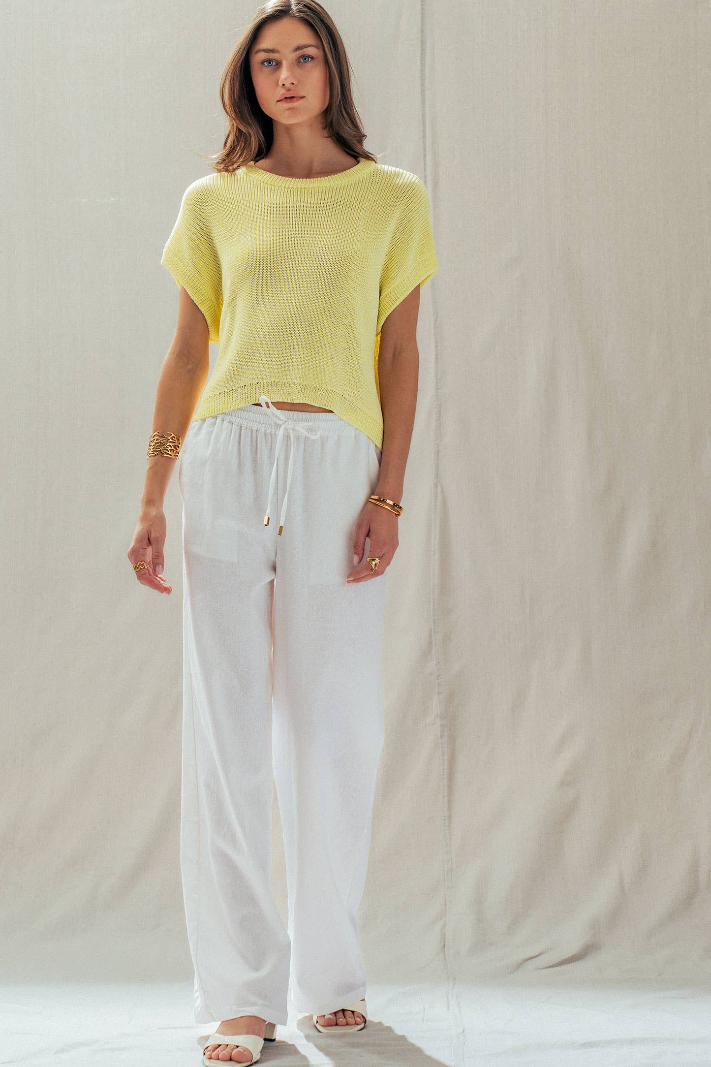 Linen Blend Wide Leg Pants Drawstring Waist