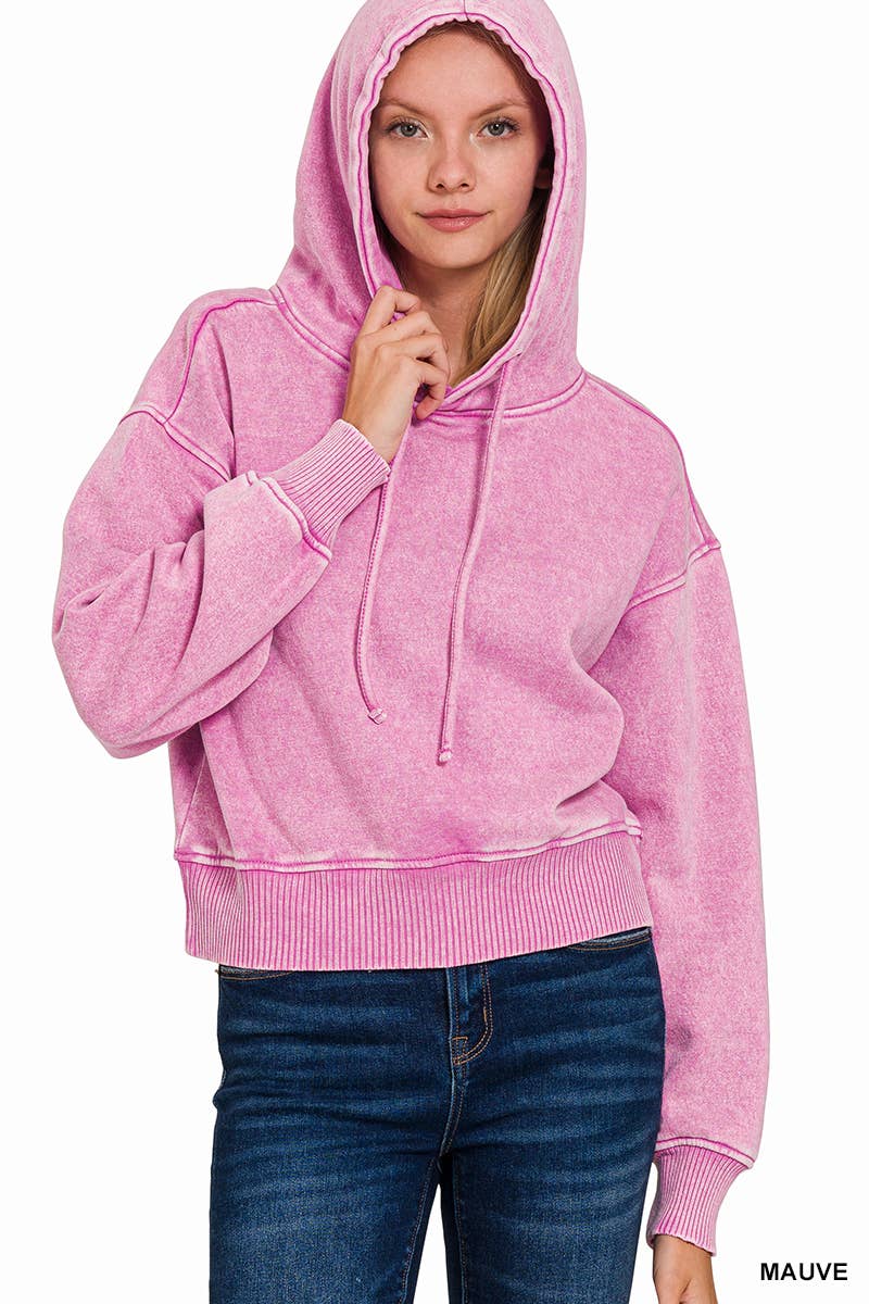 ...._ SI-25094 Acid Wash Fleece Cropped Hoodie