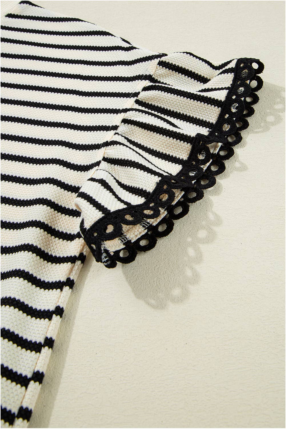 Striped Scallop Lace Trim Ruffle Sleeve Crewneck Top