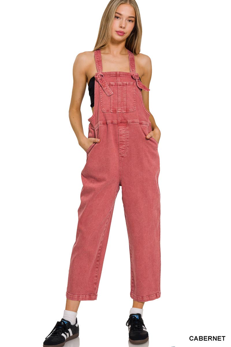 ',._ Washed Knot Strap Relaxed Fit Denim Overalls