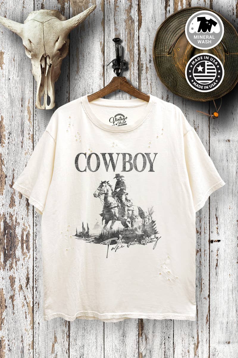VGD710-P6090 - COWBOY GRAPHIC OVERSIZE DISTRESS T-SHIRT
