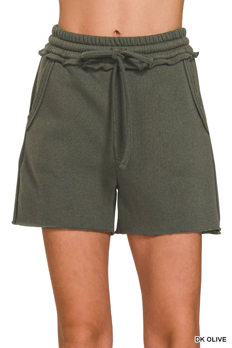 `.Fleece Raw Hem Shorts With Drawstring & Pockets
