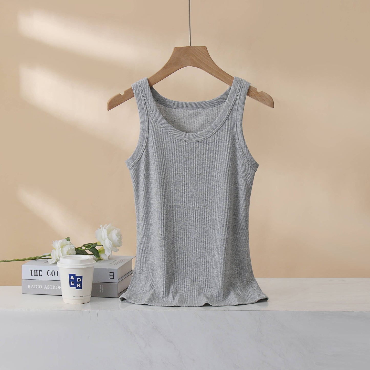 Base cotton round neck rib knit basic white tank top