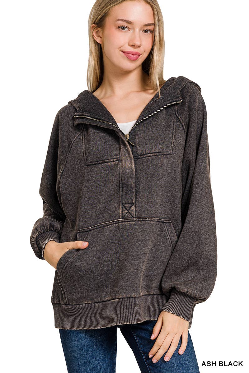 .SI-25317 Washed Fleece Oversized 1/4 Zip Hoodie
