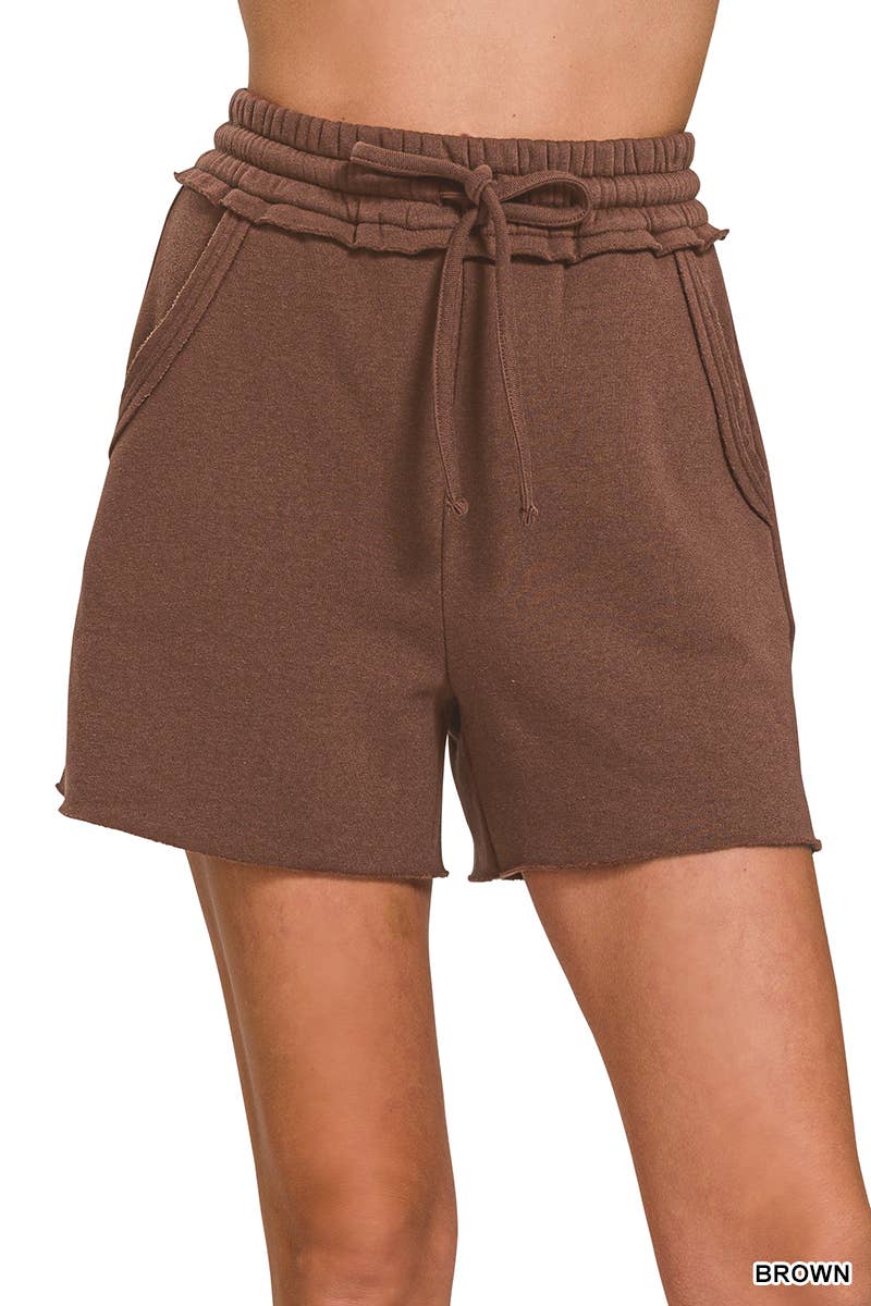 `.Fleece Raw Hem Shorts With Drawstring & Pockets