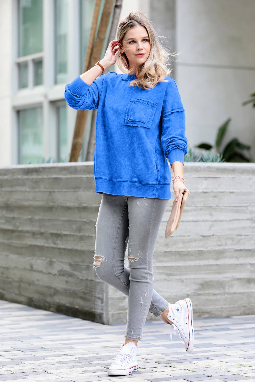 French terry washed pullover w/ side pocket