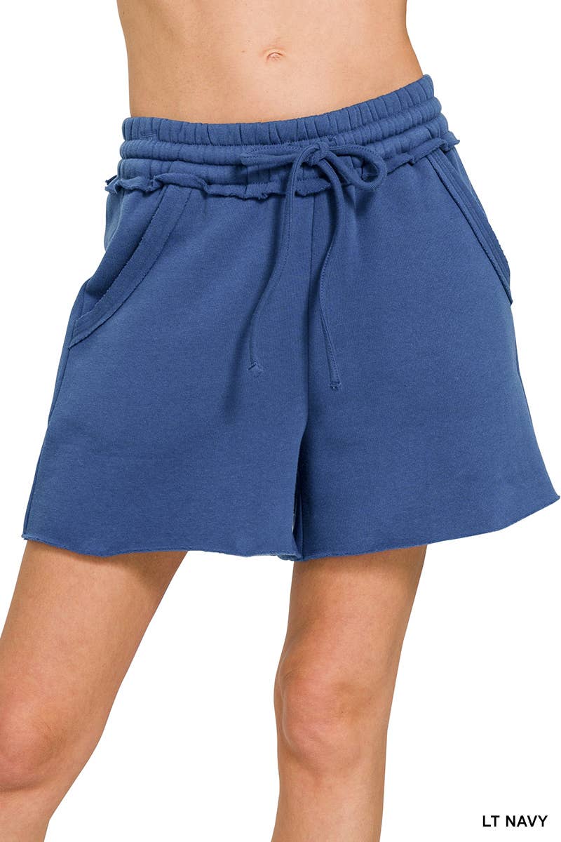 `.Fleece Raw Hem Shorts With Drawstring & Pockets